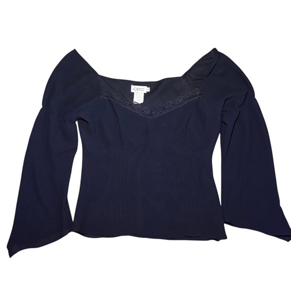 CDC Womens Vintage Style Bell Sleeve Lace Trim Sweetheart Neck Top Black Large - Picture 2 of 4